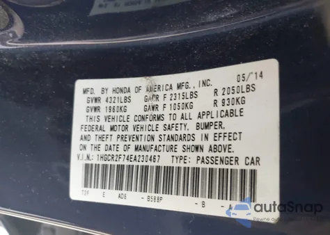 2014 Honda Accord Ex from USA, damaged, VIN 1HGCR2F74EA230467